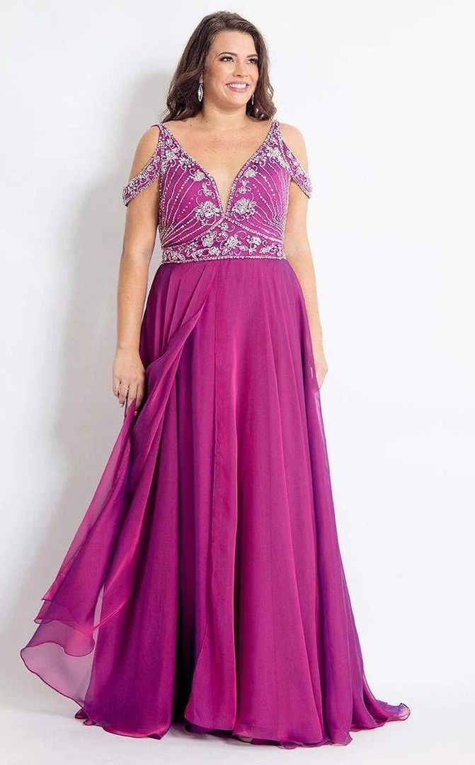 Rachel Allan Curves - 6313 Silver Embellished V-neck Chiffon Dress Formal Gowns 4 Rachel Allan Curves - 6313 Silver Embellished V-neck Chiffon Dress Formal Gowns