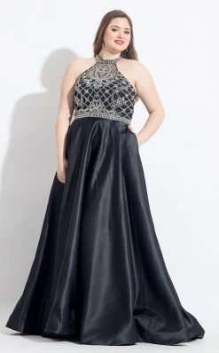 Formal Gowns Rachel Allan Curves - 6325 Silver Beaded Sheer High Halter Dress