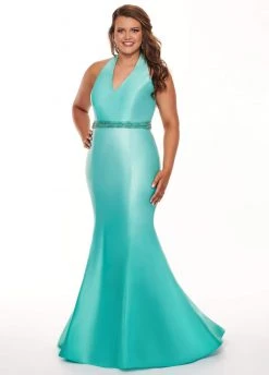 Rachel Allan Curves - 6669 Embellished Halter V-neck Matte Satin Dress Formal Gowns