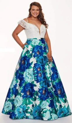 Rachel Allan Curves - 6672 Plunging Off-Shoulder Floral Ballgown