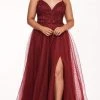 Formal Gowns Rachel Allan Curves - 6680 Beaded V-Neck Pleated Gown With Slit 1 Formal Gowns Rachel Allan Curves - 6680 Beaded V-Neck Pleated Gown With Slit