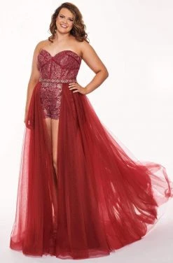 Rachel Allan Curves - 6692 Lace Romper With Tulle Skirt Overlay Plus Size Dresses