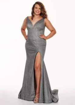 Rachel Allan Curves - 6697 Deep V-neck Glitter Jersey Mermaid Gown