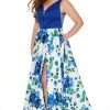 Rachel Allan Curves - 7217 V-Neck Floral High-Slit A-Line Dress