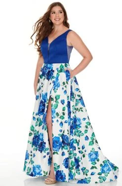 Rachel Allan Curves - 7217 V-Neck Floral High-Slit A-Line Dress