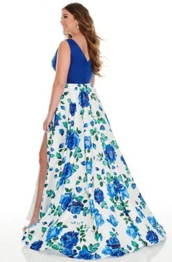 Rachel Allan Curves - 7217 V-Neck Floral High-Slit A-Line Dress