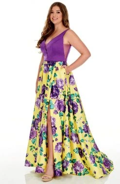 Rachel Allan Curves - 7217 V-Neck Floral High-Slit A-Line Dress