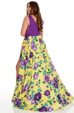 Rachel Allan Curves - 7217 V-Neck Floral High-Slit A-Line Dress