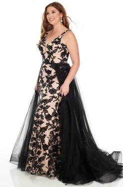 Rachel Allan Curves - 7228 V-Neckline Embellished A-Line Dress