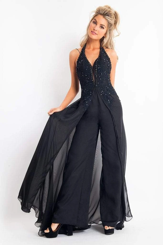 Rachel Allan LBD - L1176 Plunging Halter Jumpsuit With Overlay Formal Gowns 3 Rachel Allan LBD - L1176 Plunging Halter Jumpsuit With Overlay Formal Gowns