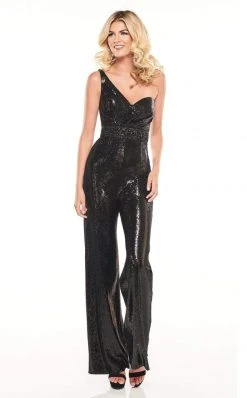Plus Size Dresses Rachel Allan LBD - L1261 Sequined Asymmetric Neck Jumpsuit