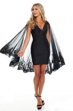 Rachel Allan LBD - L1277 Embroidered V-Neck Dress With Cape Overlay