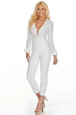 Plus Size Dresses Rachel Allan LBD - L1279 Sequined Plunging Tuxedo Jumpsuit