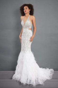 Rachel Allan Prima Donna - 5030 Feather-Fringed Cutout Long Gown Formal Gowns