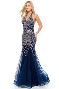 Rachel Allan Prom - 7008 Beaded Plunging Halter Mermaid Dress