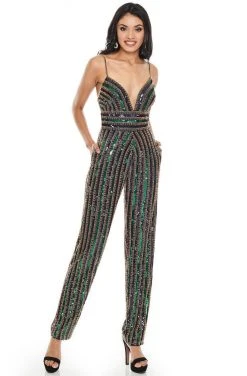 Plus Size Dresses Rachel Allan Prom - 7028 Beaded Plunging V-Neck Jumpsuit