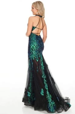 Formal Gowns Rachel Allan Prom - 7035 Sequined Plunging Halter Trumpet Dress