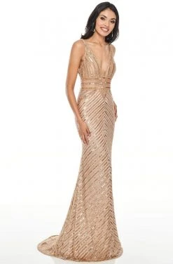 Rachel Allan Prom - 7067 Plunging V-Neck Sparkly Sheath Dress Formal Gowns