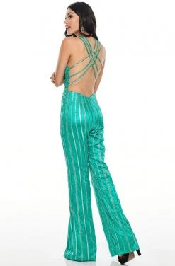 Rachel Allan Prom - 7098 Halter Neck Open Back Sequined Jumpsuit Formal Gowns