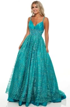 Rachel Allan Prom - 7111 Glitter Tulle Deep V-Neck Ballgown Formal Gowns
