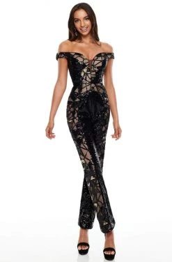 Plus Size Dresses Rachel Allan Prom - 7154 Off-Shoulder Sequin Jumpsuit