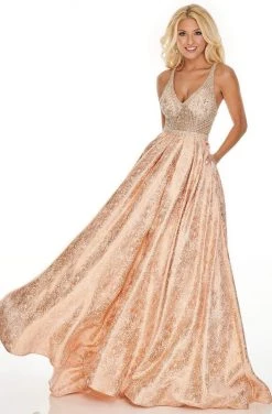 Rachel Allan Prom - 7175 Metallic Brocade V-Neck A-Line Gown Formal Gowns