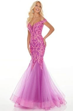 Formal Gowns Rachel Allan Prom - 7199 Sequined Off-Shoulder Mermaid Dress