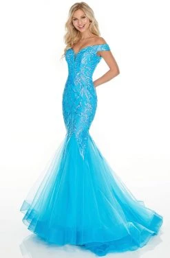 Formal Gowns Rachel Allan Prom - 7199 Sequined Off-Shoulder Mermaid Dress