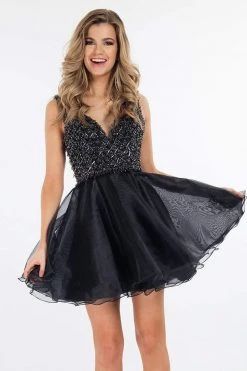 Rachel Allan Short - 4531 Beaded V-neck Organza A-line Dress Cocktail Dresses