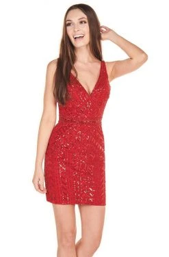 Rachel Allan Shorts - 4094 V-Neck Embellished Short Sheath Dress Cocktail Dresses