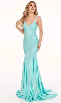 Formal Gowns Rachel Allan - Sleeveless Ruche-Ornate Mermaid Gown 70061 - 1 Pc Aqua Blue In Size 10 Available