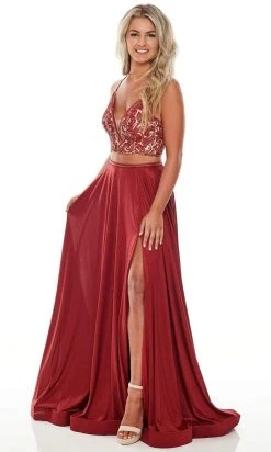 Formal Gowns Rachel Allan - Two Piece Beaded V-Neck Jersey A-Line Gown 7209 - 1 Pc Burgundy In Size 2 Available