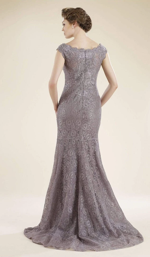 Formal Gowns Rina Di Montella - Lace Applique Scalloped Bateau Trumpet Dress RD1919 - 1 Pc Pewter In Size 10 Available 4 Formal Gowns Rina Di Montella - Lace Applique Scalloped Bateau Trumpet Dress RD1919 - 1 Pc Pewter In Size 10 Available