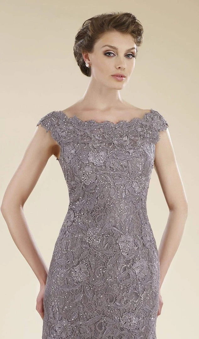Formal Gowns Rina Di Montella - Lace Applique Scalloped Bateau Trumpet Dress RD1919 - 1 Pc Pewter In Size 10 Available 5 Formal Gowns Rina Di Montella - Lace Applique Scalloped Bateau Trumpet Dress RD1919 - 1 Pc Pewter In Size 10 Available