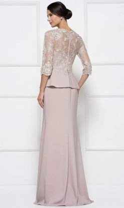 Formal Gowns Rina Di Montella - RD2685 Lace Embroidered V-neck Bodice Sheath Dress With Slit