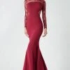 Saiid Kobeisy - 2918 Sheer Long Sleeve Mermaid Evening Gown - 1 Pc Carmine In Size 4 Available