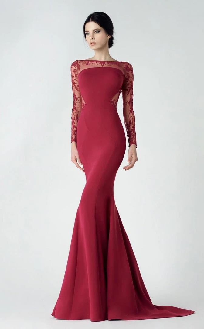 Saiid Kobeisy - 2918 Sheer Long Sleeve Mermaid Evening Gown - 1 Pc Carmine In Size 4 Available 3 Saiid Kobeisy - 2918 Sheer Long Sleeve Mermaid Evening Gown - 1 Pc Carmine In Size 4 Available