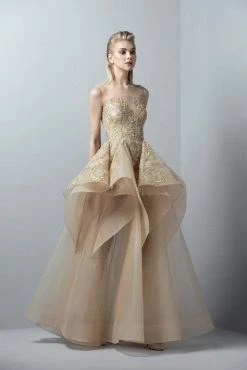 Formal Gowns Saiid Kobeisy - 3363 Gold Appliqued Ruffled Peplum Gown