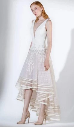 Formal Gowns Saiid Kobeisy - 3406 Plunging V-Neck Appliqued High Low A-Line Gown