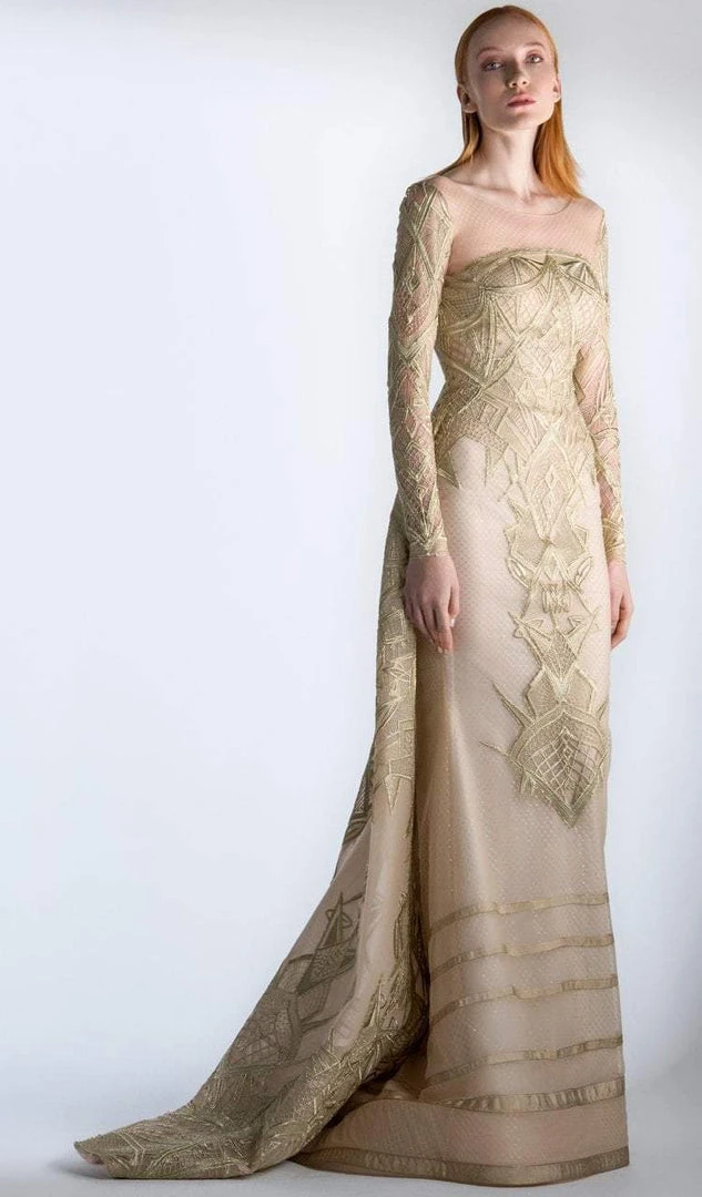 Saiid Kobeisy - 3409 Long Sleeve Embroidered Back Paneled Gown Formal Gowns 3 Saiid Kobeisy - 3409 Long Sleeve Embroidered Back Paneled Gown Formal Gowns