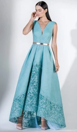 Saiid Kobeisy - 3414 Sleeveless V Neckline High Low Brocade Gown Formal Gowns