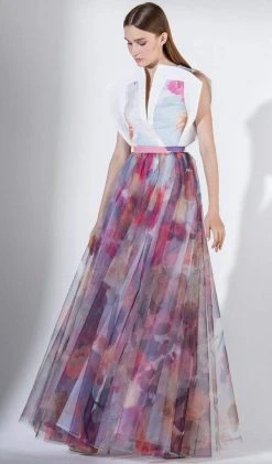 Formal Gowns Saiid Kobeisy - 3431 V-neck Multi-Colored Brocade And Tulle Dress