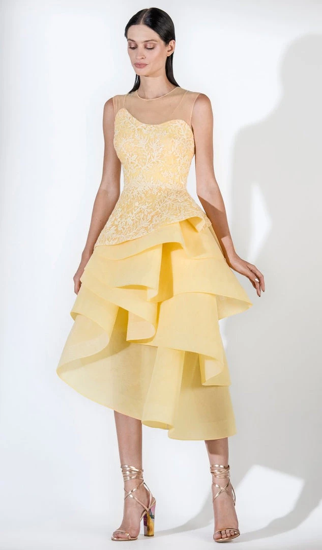 Cocktail Dresses Saiid Kobeisy - 3440 Wavy Ruffled Skirt Sleeveless Tea Length Dress 3 Cocktail Dresses Saiid Kobeisy - 3440 Wavy Ruffled Skirt Sleeveless Tea Length Dress