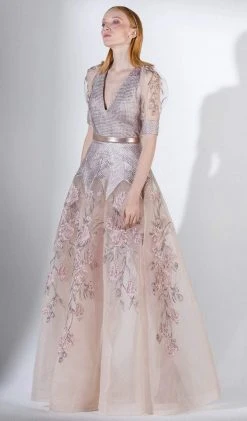 Saiid Kobeisy - 3451 Illusion Puffed Sleeve Embroidered Metallic Gown Formal Gowns