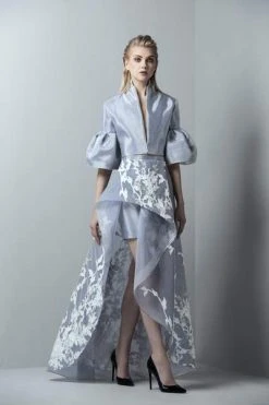 Saiid Kobeisy - Bell Sleeve Peplum High Low Evening Gown 3388 - 1 Pc Performance Blue In Size 12 Available