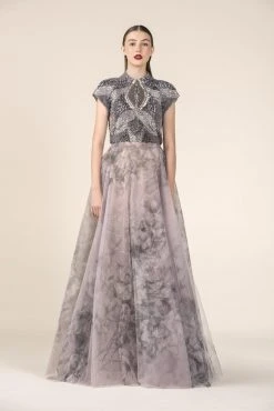 Saiid Kobeisy - RE3551 Metallic Beaded Cap Sleeve Floral A-Line Gown Formal Gowns