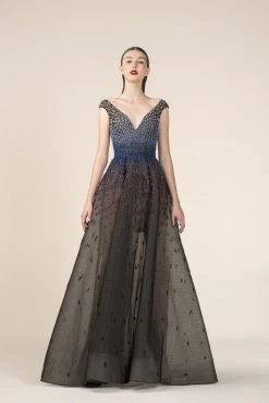 Saiid Kobeisy - RE3571 Embellished Plunging V-neck A-line Dress Formal Gowns