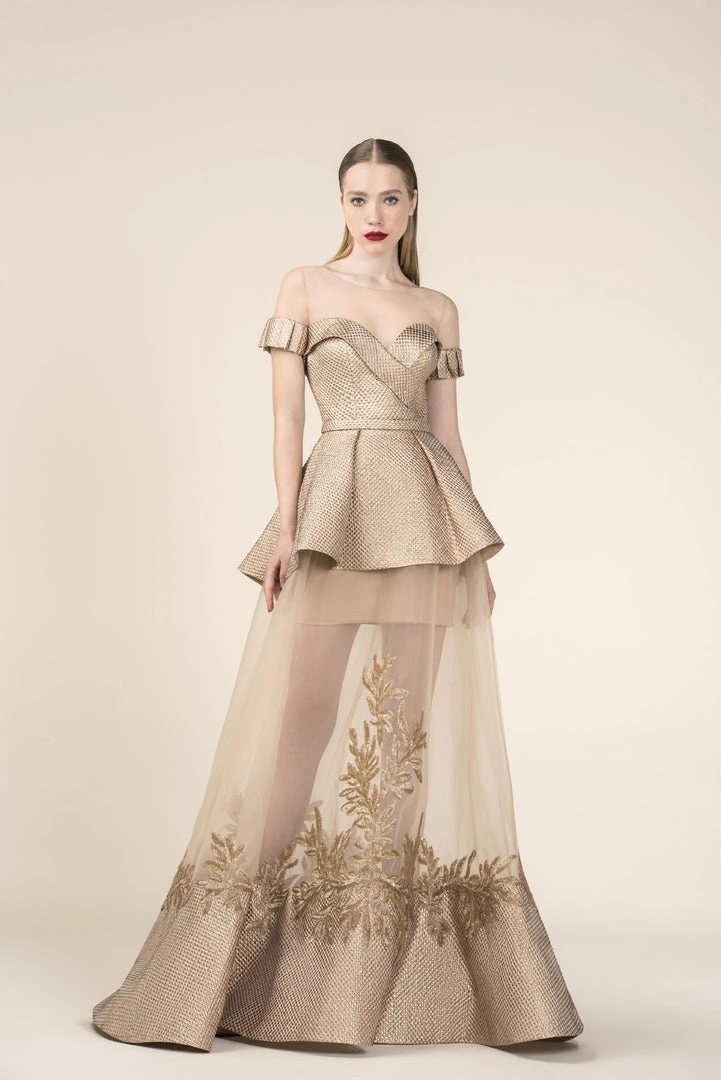 Formal Gowns Saiid Kobeisy - RE3576 Brocade Off-Shoulder Layered A-line Dress 3 Formal Gowns Saiid Kobeisy - RE3576 Brocade Off-Shoulder Layered A-line Dress