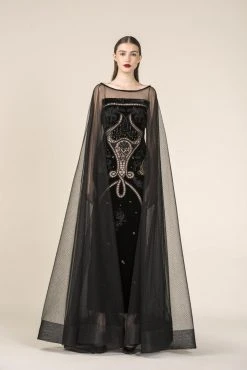 Saiid Kobeisy - RE3579 Bateau Velvet Tulle Cape With Sweep Train