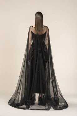 Saiid Kobeisy - RE3579 Bateau Velvet Tulle Cape With Sweep Train